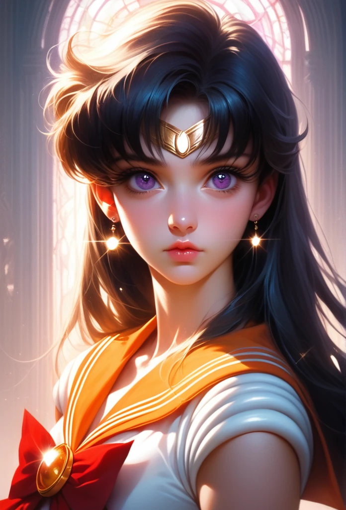 A highly detailed realistic of Sailor venus, minako aino, in a dark fantasy movie setting, photorealistic, extremely detailed facial features, striking purple eyes, full lips, long eyelashes, elegant red ribbon hairstyle, detailed orange sailor venus uniform design, dramatic lighting, cinematic composition, moody color palette, intricate background details, fantasy elements, 8k, best quality, ultra-detailed, masterpiece