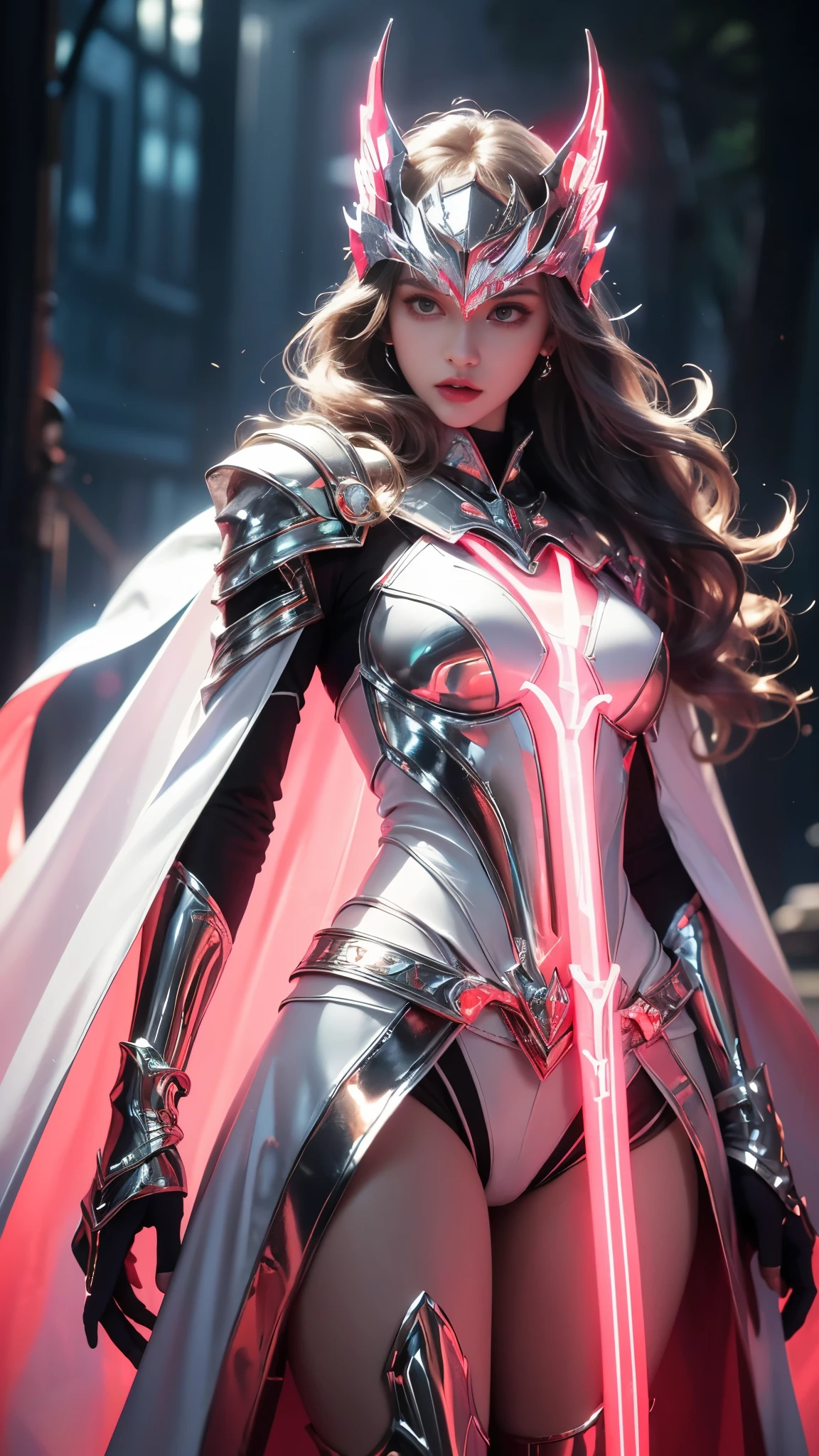 Top quality, masterpiece, ultra high definition, Original photo, 1 Girl, ((slim body)), ((wavy sardine)), cinematic lighting, very long hair, detailed eyes, wind, necklace, piercing, ((explorer cospaly)), ((ironic outfit)), white outfit, ((electric cape)), ((waist)), ((queen helm)), ((glowing neon)), ((realistic)), in the palace, night weather, cinematic pose,