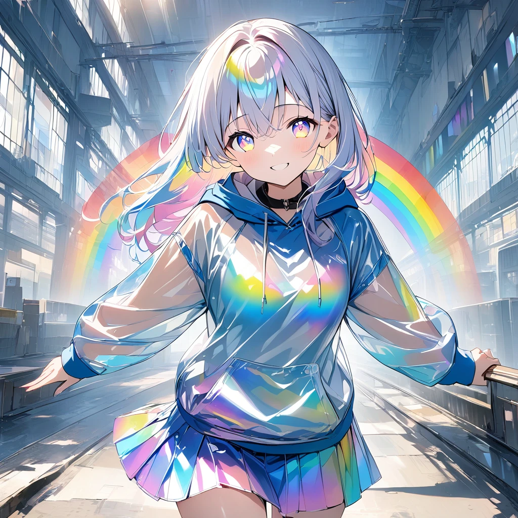 anime、((Amazingly absurd)),(masterpiece:1.2),超High resolution, Attention to detail, high quality, High resolution, 最high quality, 4K, 8k、One woman,Glass Clothes,hoodie,skirt,Iridescent,Rainbow Eyes,Shining Eyes,Looking at me and smiling,Mysterious