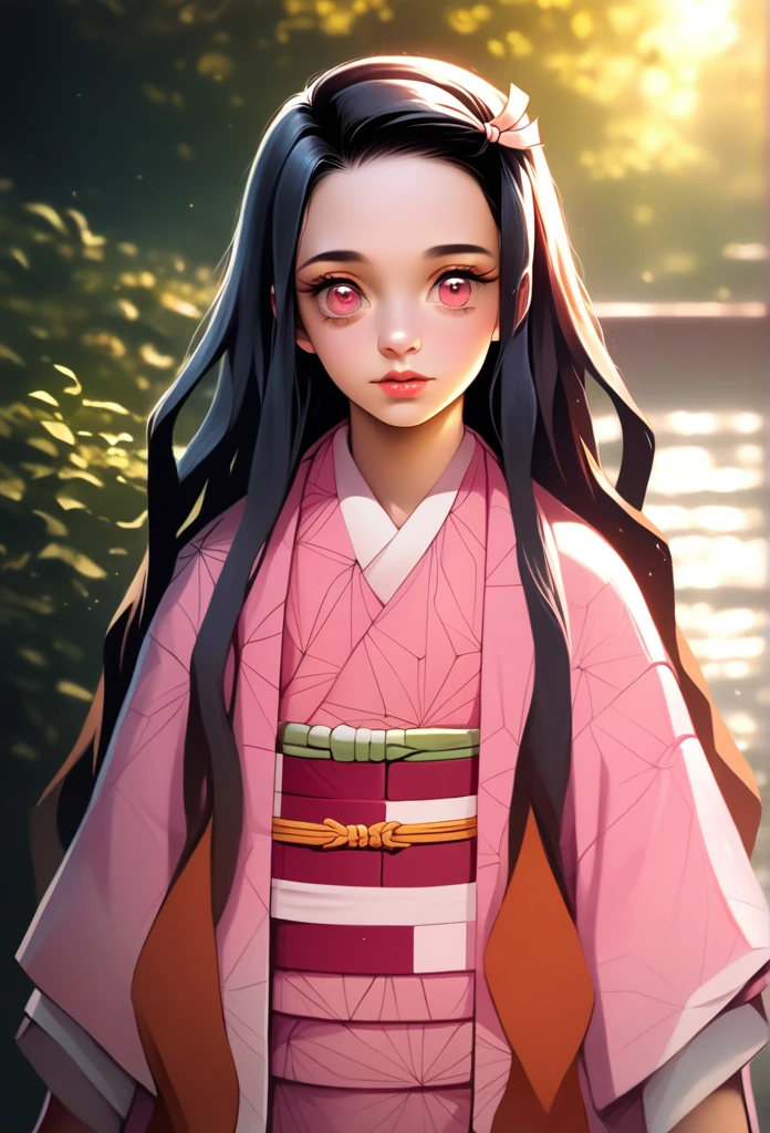 Nezuko, a young girl with beautiful detailed eyes, beautiful detailed lips, extremely detailed face, long eyelashes, wearing a pink kimono, standing in a Japanese garden with sakura trees, tilt-shift lens, cinematic lighting, vibrant colors, digital painting, 8k, high resolution, photorealistic, masterpiece