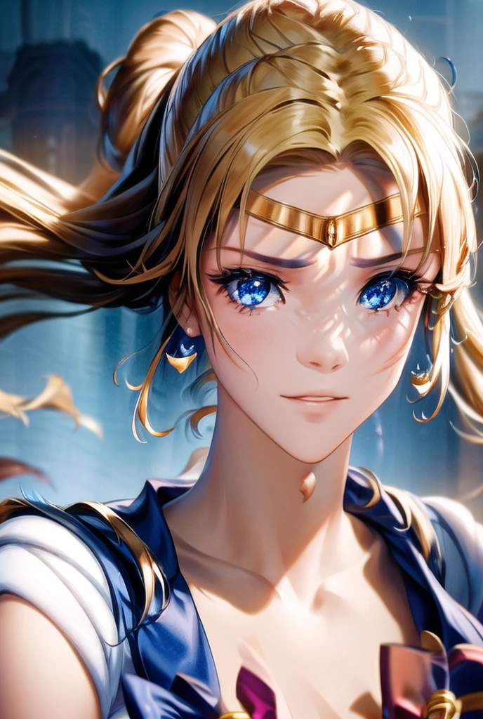 a beautiful young girl with long silver hair in a sailor fuku outfit, detailed facial features, piercing blue eyes, delicate porcelain skin, flowing hair blowing in the wind, posing against a backdrop of a starry night sky, crescent moon, magical girl aesthetic, vibrant colors, 8k, high quality, photorealistic, digital art, , iridescence, dramatic angle, space, (floating colorful sparkles:1.3), Dramatic Lighting, Chiaroscuro