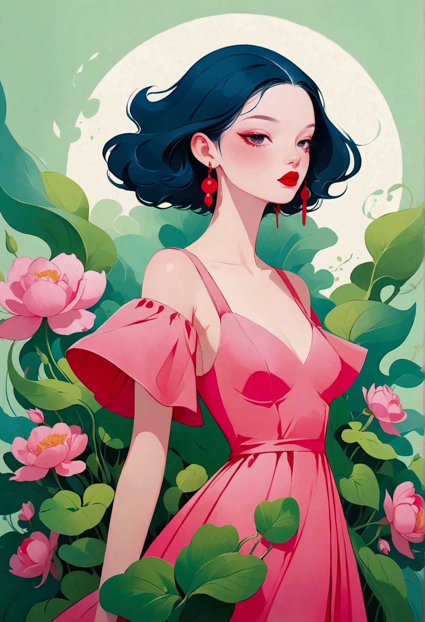 painting of a woman with a pink dress and red lips, rossdraws pastel vibrant, inspired by james jean, loish |, loish art style, ...