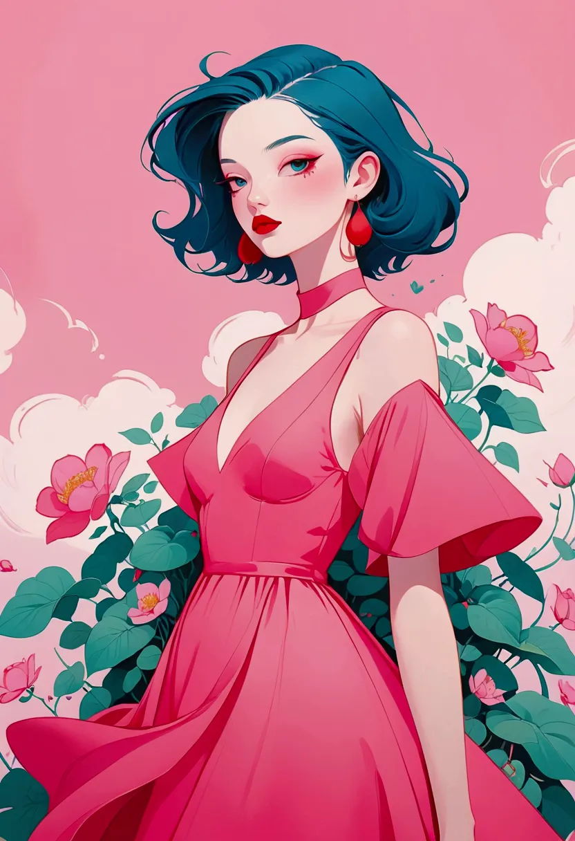 painting of a woman with a pink dress and red lips, rossdraws pastel vibrant, inspired by james jean, loish |, loish art style, ...