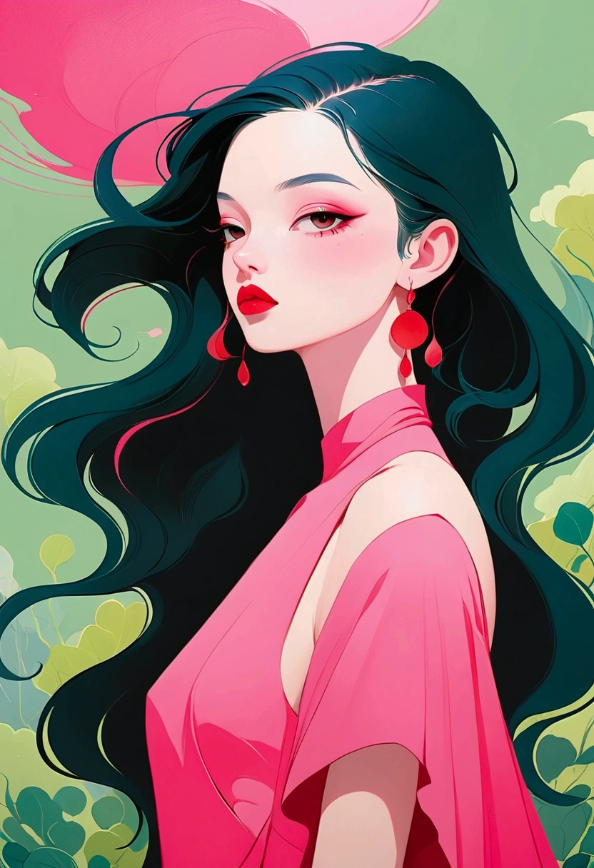 painting of a woman with a pink dress and red lips, rossdraws pastel vibrant, inspired by James Jean, loish |, loish art style, soft anime illustration, 2 d gouache illustration, style of james jean, trending on artstration, rossdraws cartoon vibrant, loish and clamp style, matte gouache illustration, illustration painting, pastel style painting, painting illustration