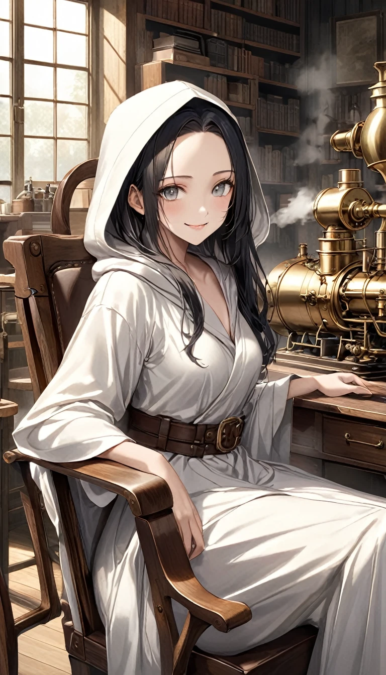 middle ages。Old age。Realistic cloth texture。smile。Impressionist style。Western Office。Steam engine。Brass piping。White hood。White Robe。Black long hair。forehead。Woman with beautiful grey eyes。Black Panties。White skin。Antique desk。Sitting in a chair。背後におおきな窓からmiddle agesの西洋の街並みがみえる。