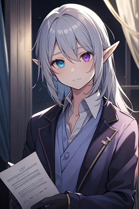 silver-haired male elf, heterochromia iridis, blue eyes, deep purple eyes, wear a collared shirt, holding documents, very detail...