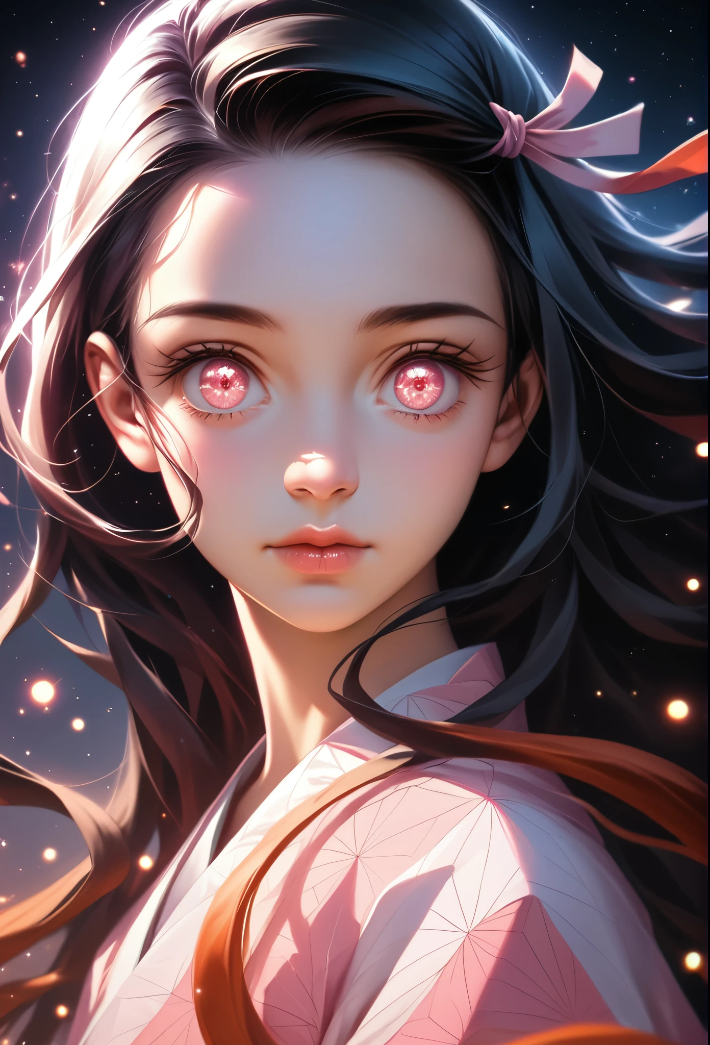 A beautiful young girl with long dark hair, big innocent eyes, delicate face, Nezuko Kamado, pink and white kimono, iridescence, dramatic angle, space, floating colorful sparkles, dramatic lighting, chiaroscuro, evocative depth, best quality, 4k, 8k, highres, masterpiece, ultra-detailed, realistic, photorealistic, photo-realistic, detailed face and eyes, beautiful lips, long eyelashes, soft lighting, warm color tones, intricate details, fantasy, anime style