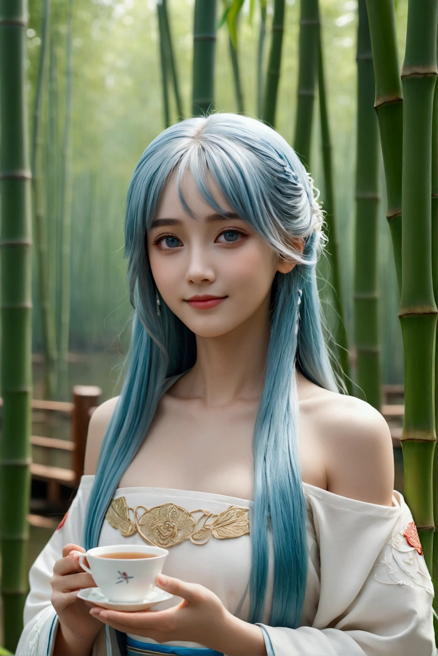 Masterpiece, Best Quality, Official Art, 8k Wallpaper, Very Detailed, Illustration, 1 Girl, Sky Blue Hair, Long Hair, Detailed Eyes, Forrest Gump, Bare Shoulders, Hanfu, Lake, Pure, Soft Smile, bamboo, tea