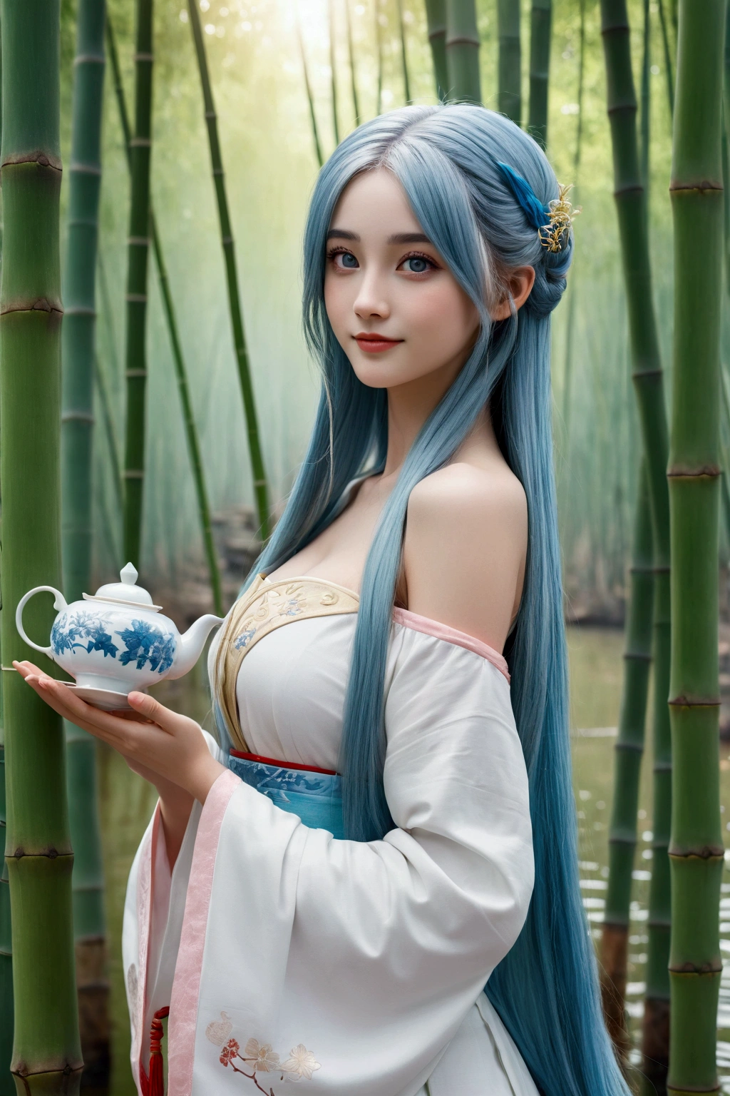 Masterpiece, Best Quality, Official Art, 8k Wallpaper, Very Detailed, Illustration, 1 Girl, Sky Blue Hair, Long Hair, Detailed Eyes, Forrest Gump, Bare Shoulders, Hanfu, Lake, Pure, Soft Smile, bamboo, tea