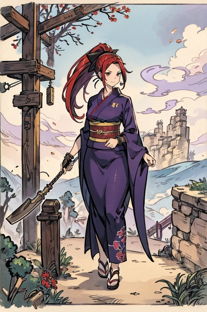 "A cute, young ninja-style character around 1 in a Pokémon-inspired world. She has spiky, fiery red hair in a small ponytail, large expressive eyes, and wears a sleek, all-black kimono with a purple sash and nature-themed patterns. Despite her petite, youthful stature, she has a curvy figure with a large bust. She holds a glowing Kusarigama (sickle and chain), with the chain wrapped around her wrist. Her build is athletic, featuring fingerless gloves and clawed sandals for agility. The background features grassy hills and whimsical Pokémon-like creatures, creating a vibrant, fantasy atmosphere."