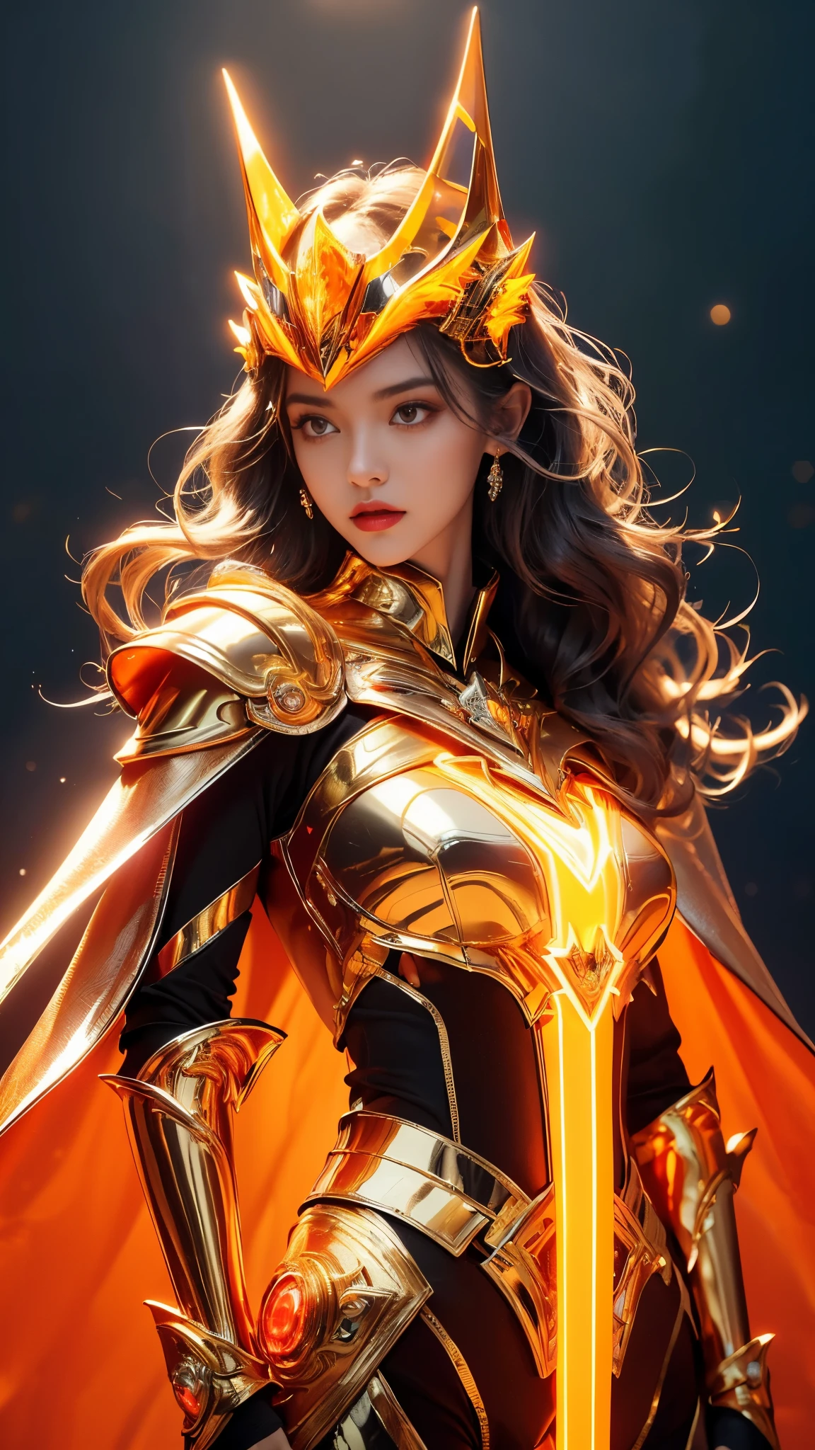 Top quality, masterpiece, ultra high definition, Original photo, 1 Girl, ((slim body)), ((wavy sardine)), cinematic lighting, very long hair, detailed eyes, wind, necklace, piercing, ((metallic cospaly)), ((ironic outfit)), orange armor, ((electric cape)), ((waist)), ((queen helm)), ((glowing neon)), ((realistic)), in the palace, night weather, cinematic pose,