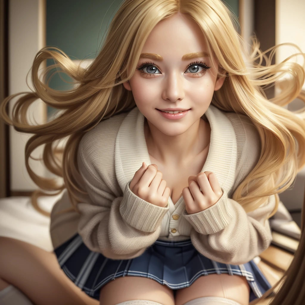 (best quality, masterpiece:1.5), (ultra-detailed, realistic:1.37),4K,cute,beautiful,(girls),(blonde hair ponytale),(school costume:1.2),(skirt),(big breast),(cardigan),(high socks),make up face,smile,s,