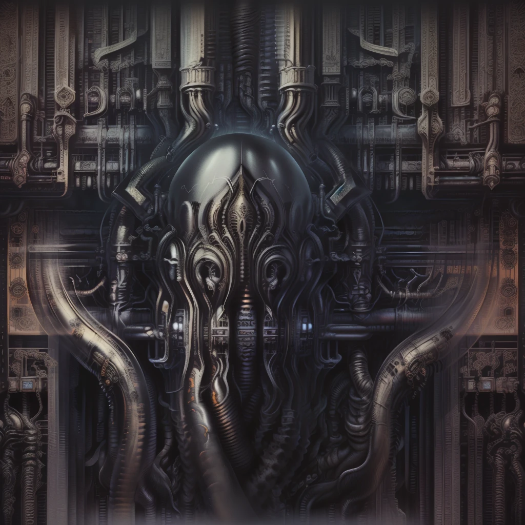 a drawing of a bunch of pipes and wires in a room, giger textures, biomechanical pattern, mechanical form of life, inspired by Hans Burgkmair, biomechanical, intricate metal, style of h. r. giger, style of h.r. giger, giger art, intricate organic painting, phlegm