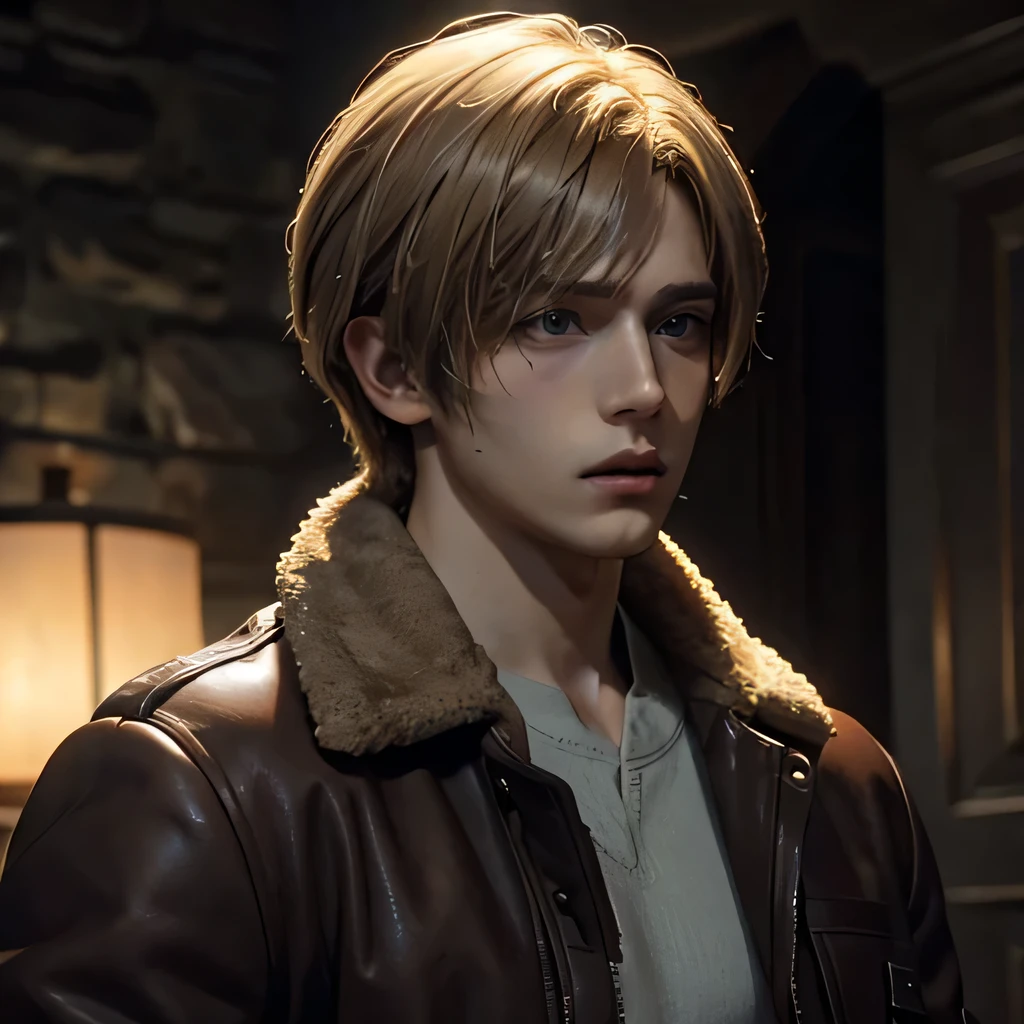 Young Leon Kennedy,Blond Hair,Handsome,perfect face,wearing Brown synthetic fur leather jacket