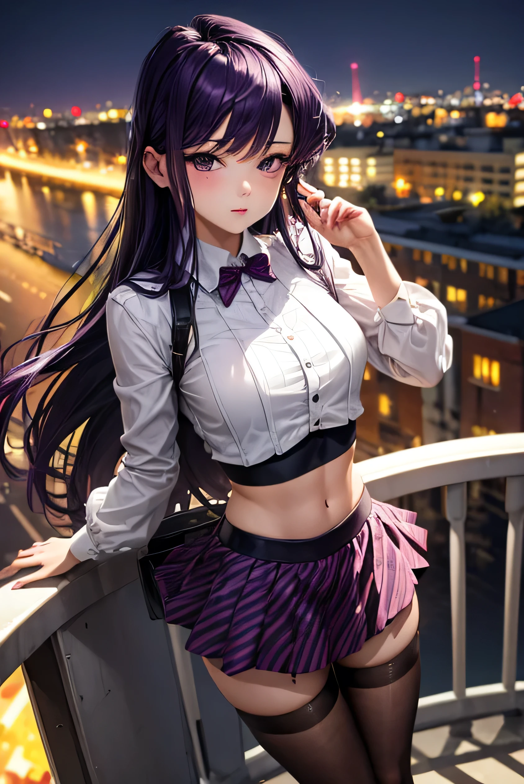 Masterpiace, high quality, ultra detail, woman, crop top, long hair, purple hair, skirt, stockings, open legs, from above, cinematic lighting, city ligths, river, bokeh, ship, sexy posture