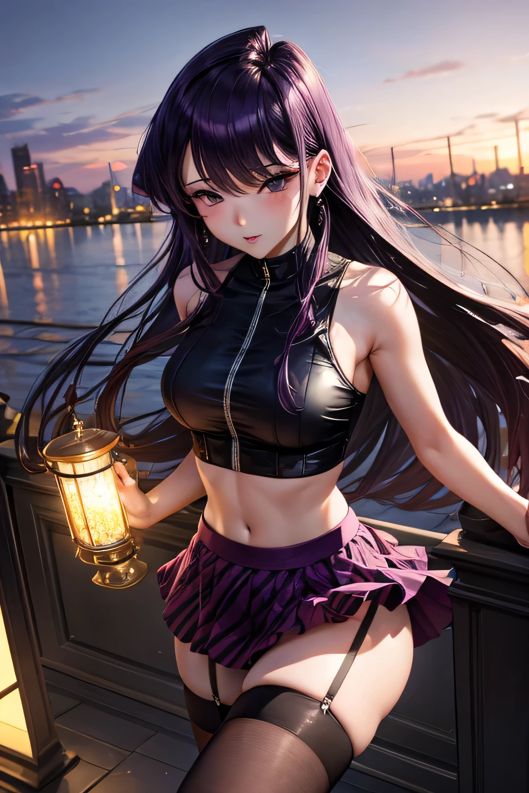 Masterpiace, high quality, ultra detail, woman, crop top, long hair, purple hair, skirt, stockings, open legs, from above, cinematic lighting, city ligths, river, bokeh, ship, sexy posture