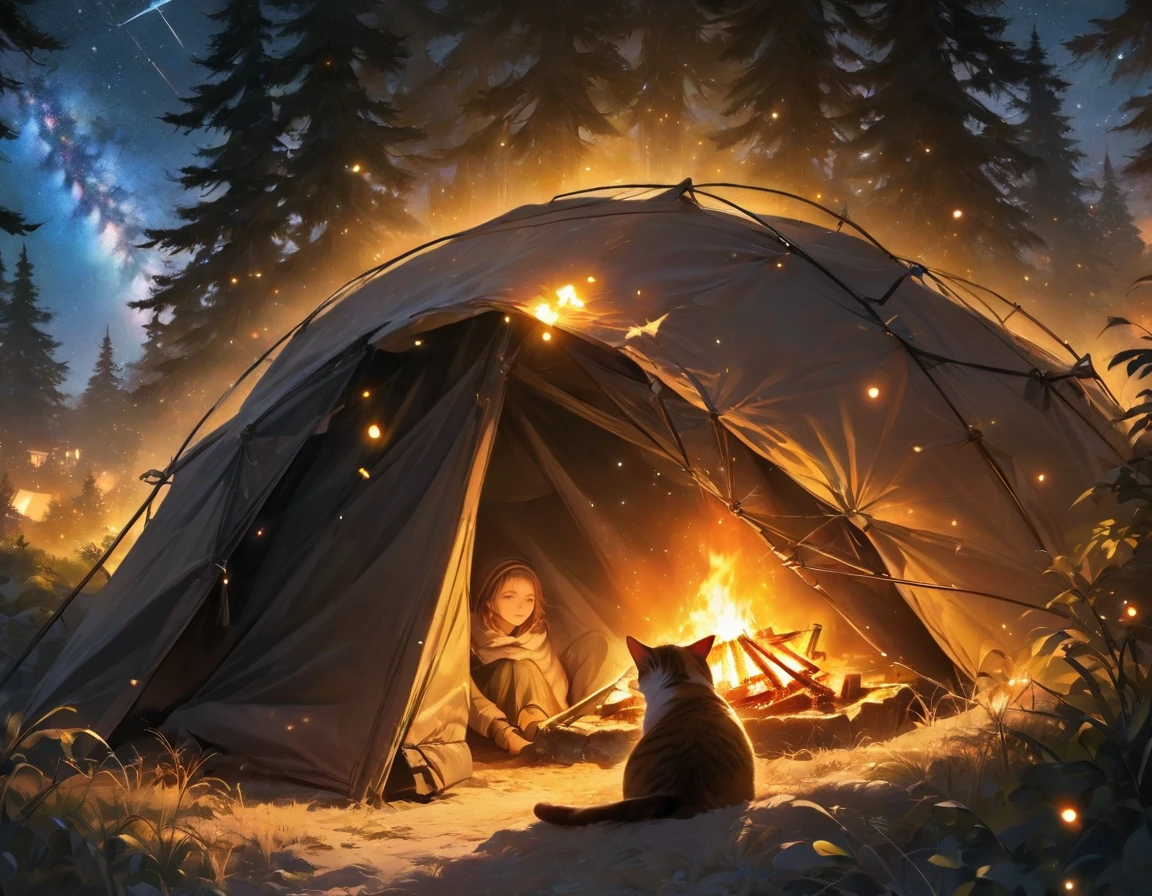 ((Best quality)), ((Excellent)), (Details), 8k, "A woman and her cat sitting by a campfire in a forest, both wrapped in warm blankets, tents and camping gear nearby, starry night sky overhead, tall trees surrounding the scene, soft warm glow from the fire illuminating their faces, realistic firelight, peaceful and cozy ambiance, highly detailed, serene and calming", conceptual art, jpeg artifacts, first person perspective, close up of cat, ultra high resolution, anatomically correct, attention to detail, highly detailed