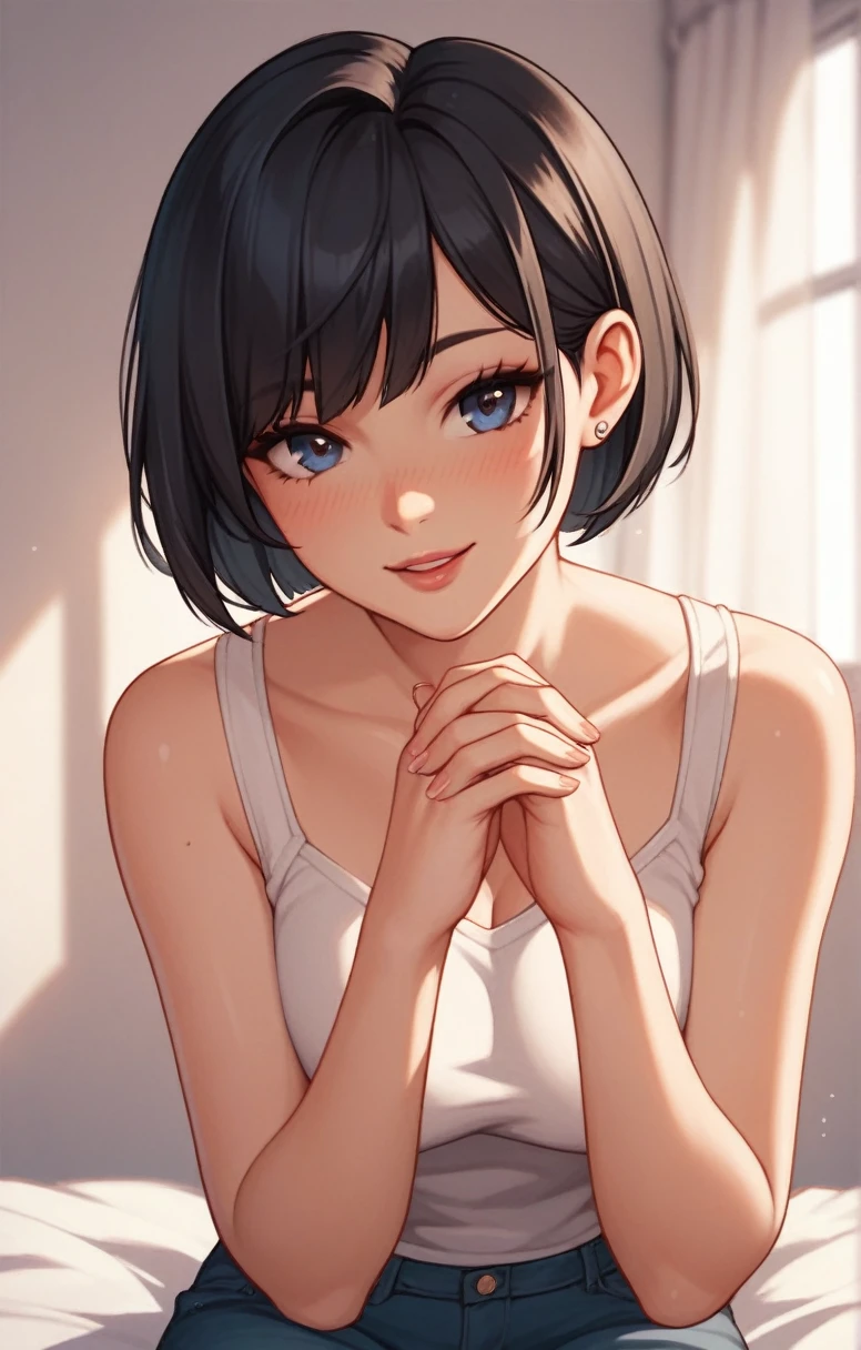 Score_9, Score_8_up, Score_7_up, Score_6_up, Score_5_up, Score_4_up, One Girl, Short Bob Hair, cute, Dressed,Black Hair, Stretch your arms out in front of you, Hanging hands, 