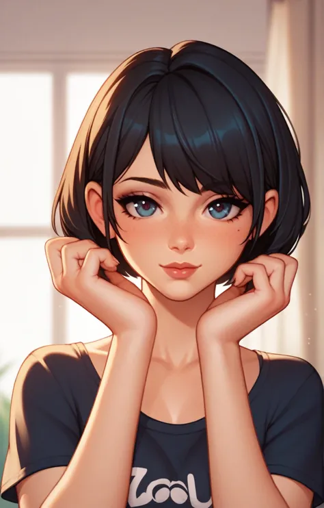 score_9, score_8_up, score_7_up, score_6_up, score_5_up, score_4_up, one girl, short bob hair, cute, dressed,black hair, stretch...