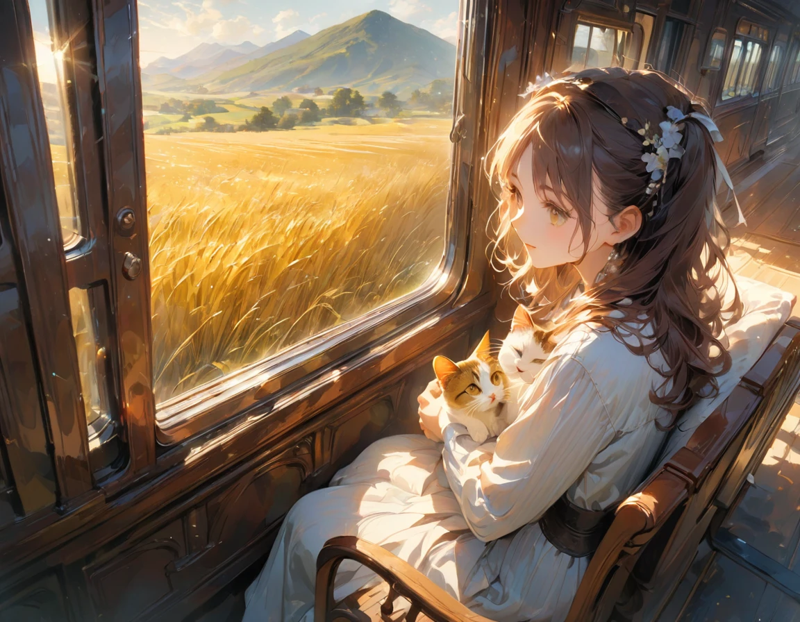 ((Best quality)), ((Excellent)), (Details), 8k, "A woman sitting by the window of a vintage train, with a curious cat on her lap, looking out at the passing countryside, golden wheat fields and distant hills in view, sunlight streaming through the window, the train interior featuring wood paneling and classic design, a sense of nostalgia, detailed, peaceful and reflective atmosphere", conceptual art, jpeg artifacts, first person perspective, close up of cat, ultra high resolution, anatomically correct, attention to detail, highly detailed