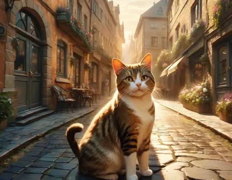 ((best quality)), ((excellent)), (details), 8k, "a woman exploring a charming european city, with a cat following closely behind...