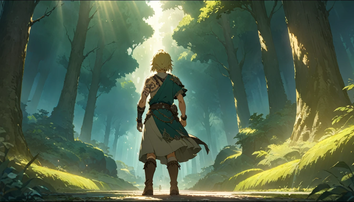 score 9, 1boy, behind of boy,anime artwork cartoon of 1boy like totklink wearing zonai dress, tattoo, single bare shoulder, short blond hair, holding sword, runnning, detailed blue eyes, delicate facial features, brown leather boots, standing in a lush forest landscape with towering trees, sunlight filtering through the leaves, (best quality,8k,hyper-detailed,masterpiece:1.2),cinematic lighting,fantasy,digital painting