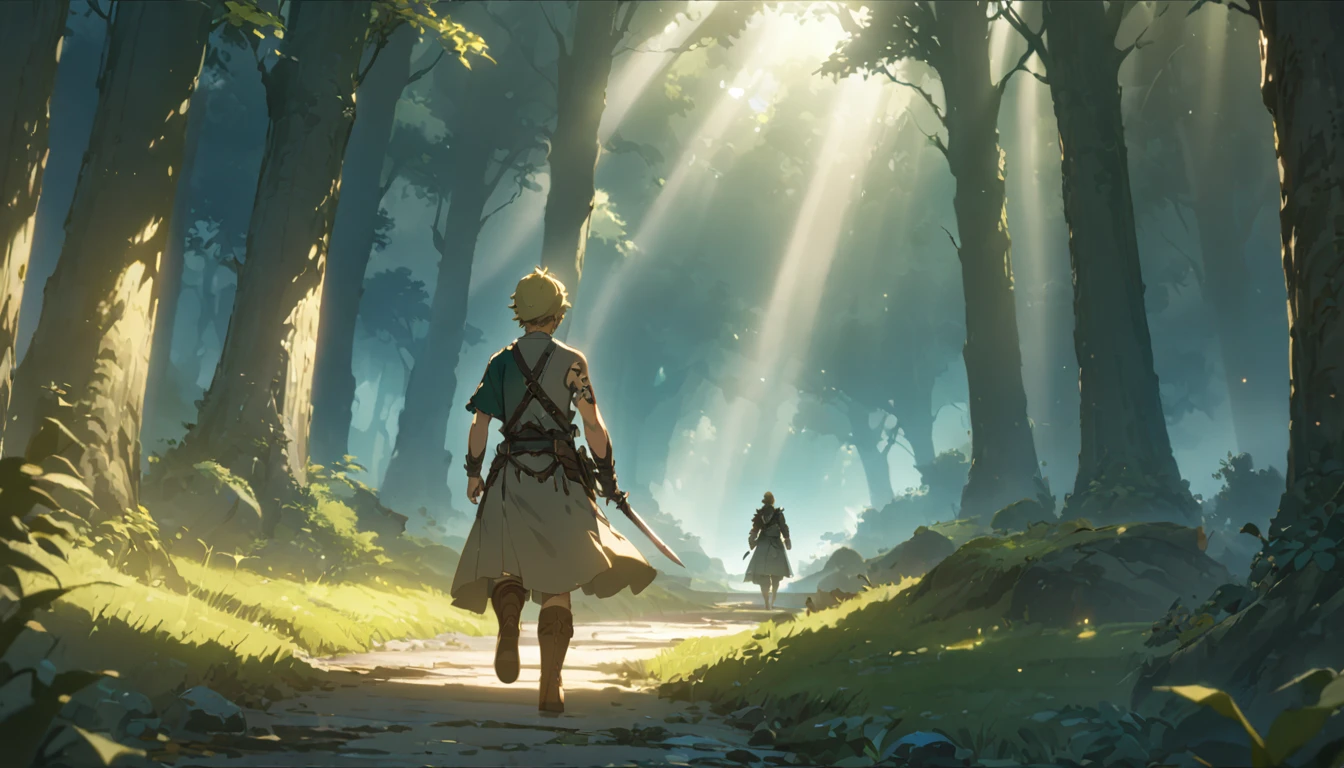 score 9, 1boy, behind of boy,anime artwork cartoon of 1boy like totklink wearing zonai dress, tattoo, single bare shoulder, short blond hair, holding sword, runnning, detailed blue eyes, delicate facial features, brown leather boots, standing in a lush forest landscape with towering trees, sunlight filtering through the leaves, (best quality,8k,hyper-detailed,masterpiece:1.2),cinematic lighting,fantasy,digital painting

