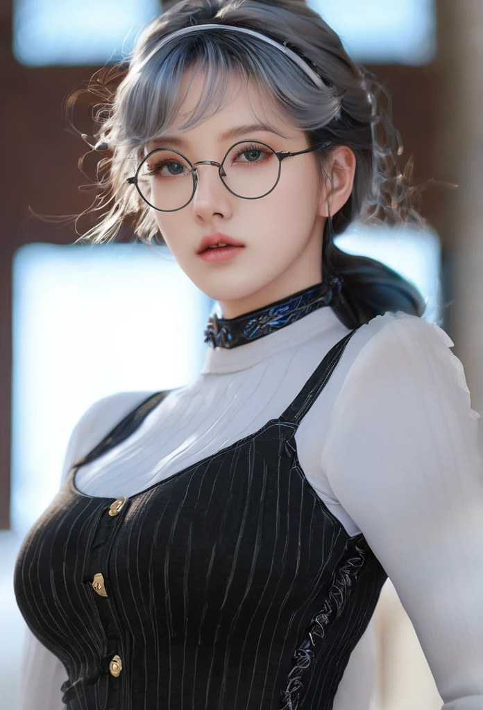 masterpiece, High quality, Cinematic, illustration, Best quality, 1 woman, boundary, bondage, Beautiful face, Detailed face, cowboy shot,1 woman, Alone, Looking at the viewers, Black hair, give, glasses, black gloves, pants, delicate blue eyes, twin give, Striped hair, black headdress, bodysuit, black pants, 둥근 glasses, black bodysuit, Hair behind the ear, 