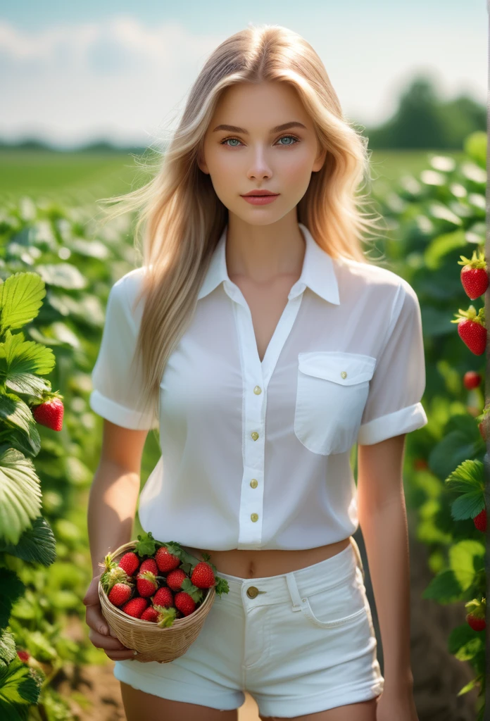 a beautiful young woman with long straight blonde hair, green eyes, a slim and petite figure, wearing a white shirt and shorts, standing shyly in a strawberry field, (best quality,4k,8k,highres,masterpiece:1.2),ultra-detailed,(realistic,photorealistic,photo-realistic:1.37),delicate facial features, detailed eyes, nose and lips, serene expression, warm sunny lighting, lush green foliage, vibrant ripe strawberries, soft focus background, cinematic mood, idyllic pastoral scene