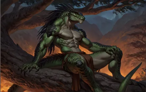 muscular monster lizardfolk, solo, mercenary, dark green body, black belly, 1male solo, anthro, full body, wide back, small wais...