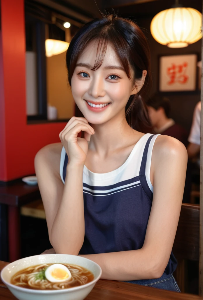 Realistic photos (1Cute Korean actress), Tank top, At the ramen restaurant, Smile, Canon EOS, Distinct facial features, close-up portrait, Movie mode, 8k