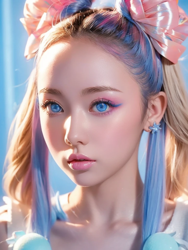 Girl，Adorable，（High Top Fade：1.3），Blue and pink twin tails.，Pink Theme，blue eyes，Relaxing Tones，Bright colors，High Contrast，（Natural skin texture，Ultra-realistic，Soft Light，sharp）