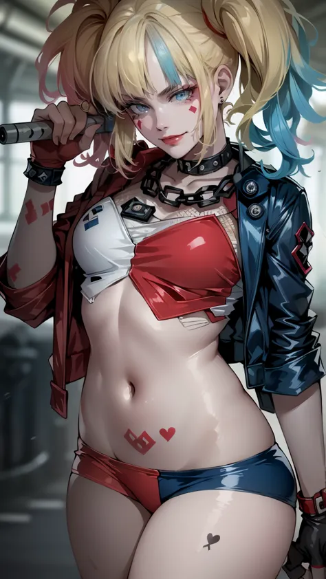 harley quinn from suicide squad, slim body, short hair, erotica, gun in hand, at full height (body full 1.1.), smile with a grin...