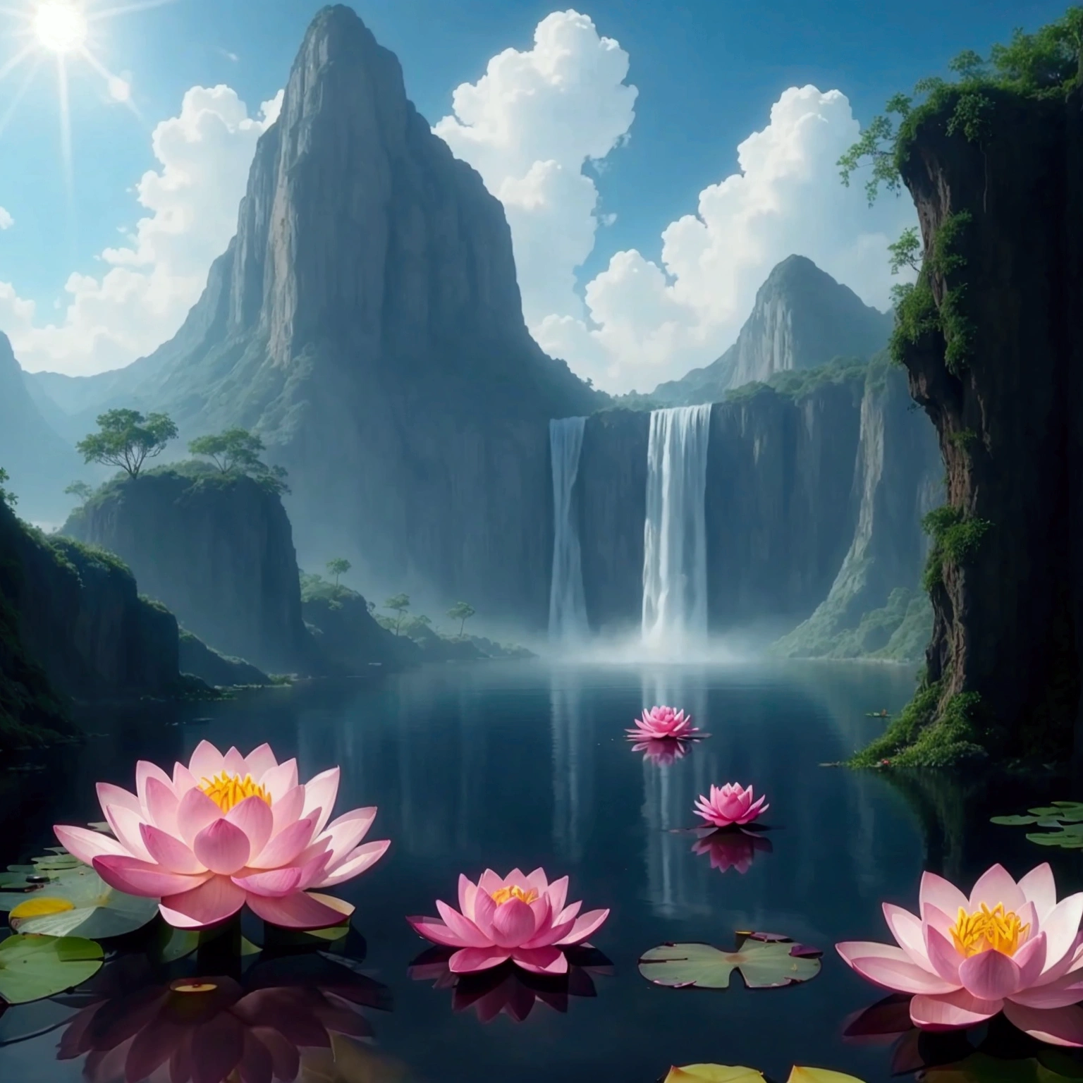 there is a pink flower floating in a pond of water, waterlily mecha nymphaea, standing gracefully upon a lotus, sitting on a lotus flower, with lotus flowers, 🌺 cgsociety, lotus flower, with bloom ethereal effects, pink lotus queen, lotus pond, lotus flowers, lotus, glowing delicate flower, lotuses, dreamy psychedelic anime