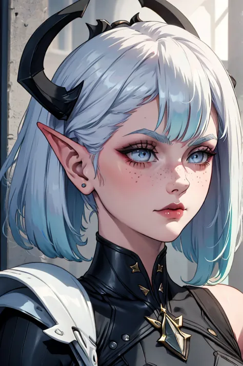 a close up of a female, pastel goth, portrait, big elf girl with freckles, light grey eyes, pointy ears, freckles, many freckles...