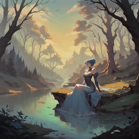 blue light sunset, beautiful nymph coming out of the trees, magical lake, nightfall, dark art