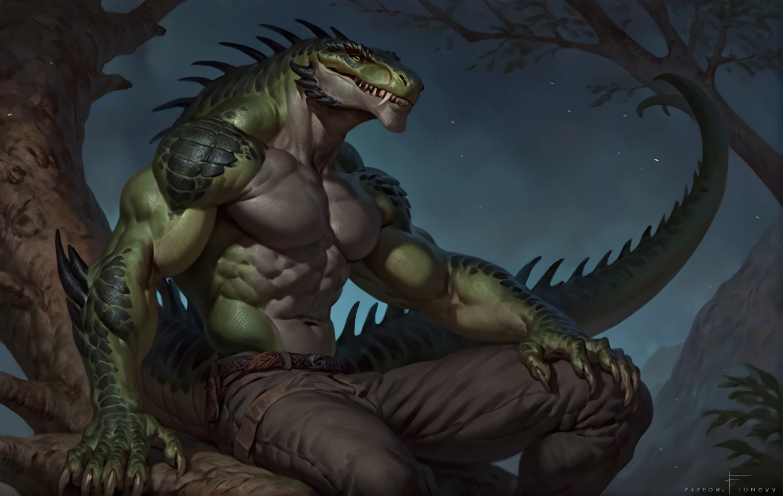 Muscular monster lizardfolk, solo, mercenary, dark green body, black belly, 1male solo, anthro, full body, wide back, small waist, thick tail, thick scales on the shoulders, marked jaw, big pectorals, pants, comicbook style, sitting on a tree, night time,  best quality, 4k, ultra-detailed, by laobai, by taran fiddler, by honovy