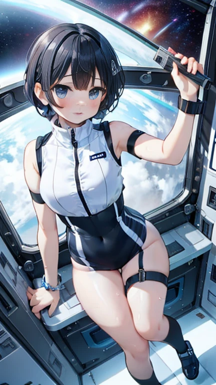 (Best Quality), (masterpiece), 1080P, High resolution, 4K, 8k, Inside the space station、Futuristic room、Thigh straps, Shooting from directly below, The woman on top of me, 白いsweat, Covered , sweat, Woman looking down, Skirt swimsuit, Thigh-high socks, To achieve this, , , whole body, Black leather shoes, Braided Hair, Inner Color, Embarrassed face, Short black hair, bracelet, bedroom,astrovest
