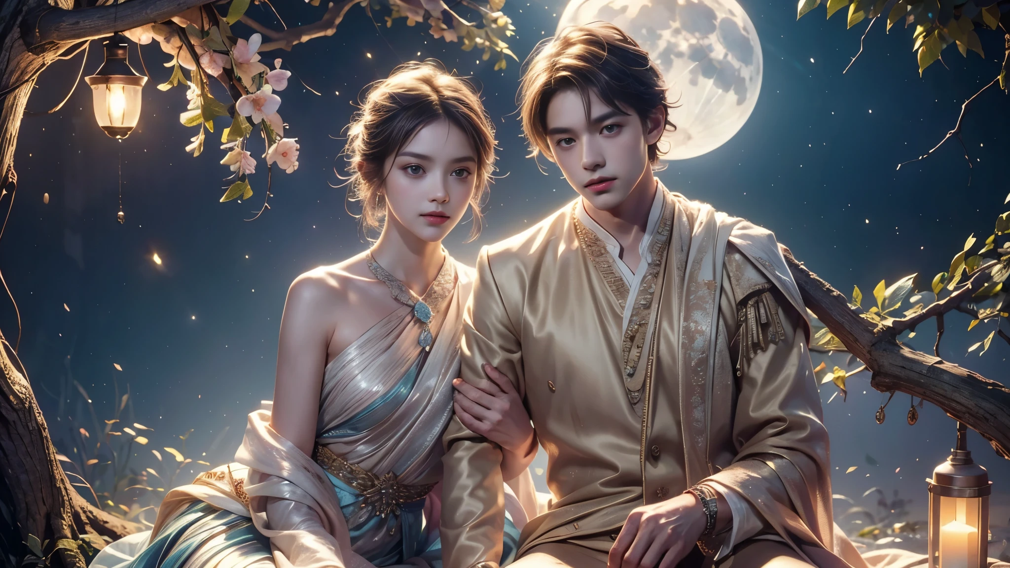 Romantic ancient style，night，Backlight，A man and a woman sitting on a tree branch，There is a full moon behind，Alexander，repeat，Fresh colors，Soft colors，Diode lamp，Concept art style，Extremely complex details，Clear distinction between light and dark，layered，Ultra HD