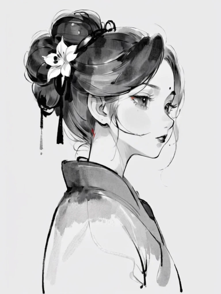 Ink painting style, 1 Girl, monochrome, Grayscale, Solitary, White background,flower, Hair Bun, Upper body