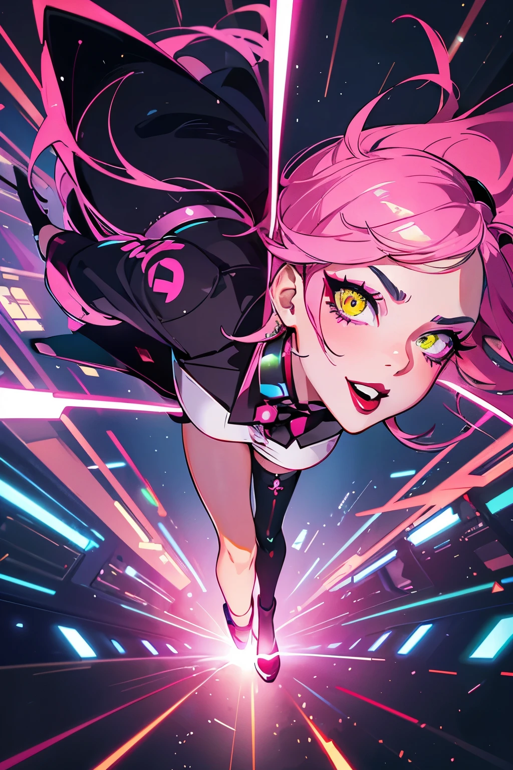 (highest quality:1.2), a  cat girl is crawling into cyberspace. From front view, colorful and psychedelic atomosphare, overlapping an image of a cyborg black cat, illuminated by neon light, a photorealistic cute lady, detailed noble face, European faces like a doll, heavily make-up faces with confident smile, brutal eyes with eyeshadow, dark bloody-red lip,Short-cut pink hair, full body portrait, wearing business suits, wearing tie, wearing tight-skirt.