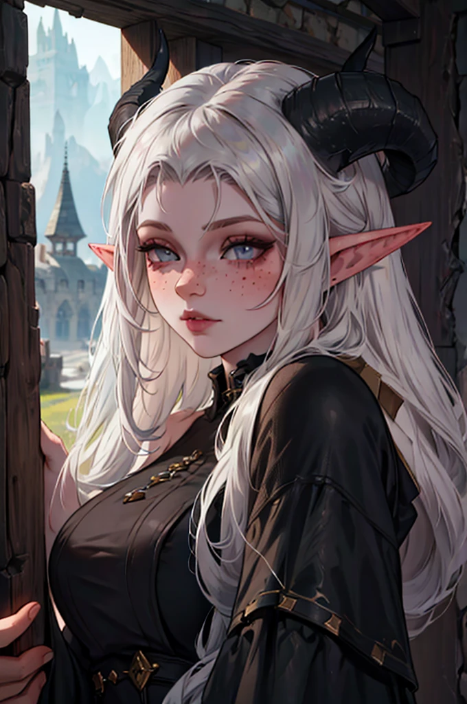 white demon horns, a close up of a female, calm expression, pastel goth, portrait, big elf girl with freckles, light grey eyes, pointy ears, freckles, many freckles on face, white horns, dark aesthetic, unreal 5. rpg portrait, 8k portrait render, unreal engine 5, beautiful female elf, unreal engine character art, female character, female lead character, there is a woman in a black leather outfit posing for a picture, gorgeous goddess