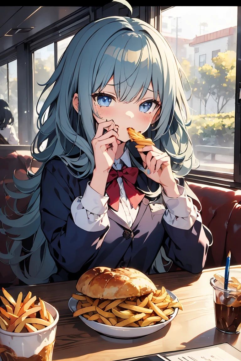 (((beautiful detailed)))(cute face:1.2)1girl, A girl stuffing her face with french fries, Girl crying while eating a pile of french fries, Inside a 2000s-style diner, 1950s-style interior, light Navy blue hair, blue eyes, A short-sleeved white shirt with four vertical bow ties, Ahoge, long bob cut with fluffy hair(sharp lines:1.2)(clear line:1.2)(eye details:1.3)(thick border:1.4) animation cel style,ligne claire, limited palette((masterpiece, high quality, best quality))(low contrast: 0.5),Anna yanami, blue hair, blue eyes, school uniform, makeine, too many losing heroines,Watercolor style, watercolor pencil, paper texture,90s style,Anna yanami, blue hair, blue eyes, school uniform, makeine, too many losing heroines, 