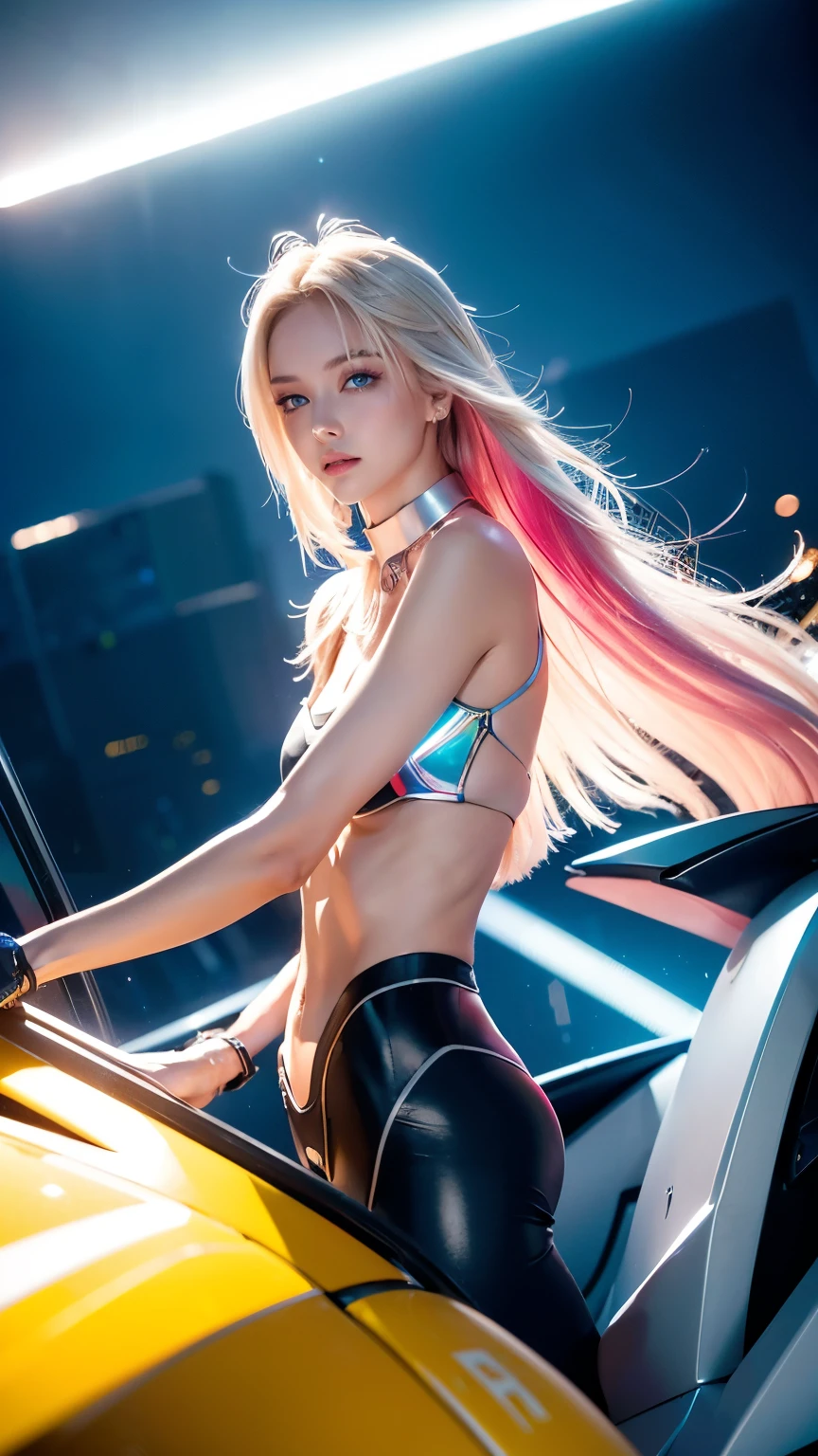 A futuristic cityscape with holographic neon lights illuminating the sky, reflecting off of glass skyscrapers. ((Highest quality)), ((masterpiece)), (detailed), (High altitude shot from the top of the Eiffel Tower), Full body image, A rare beautiful girl,  Scandinavian girl, slim, blue eyes, One small necklace, Small earrings, A shy smile, ((detailedな顔)), Yellow long hair, Attractive pose, Dynamic Movement, Natural Makeup, Pink Eyeshadow, Future city background, Racer clothing and helmet, Futuristic space, Flying Car, Bright spot LED lighting, Automatic rifle, Ready for battle, Spacecraft fleet, ((Circuit girl standing next to the body of a flying Ferrari))