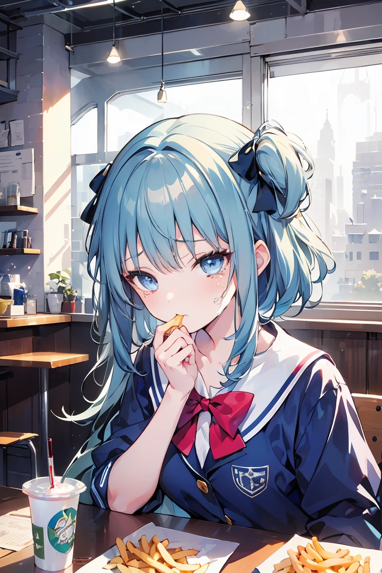 (((beautiful detailed)))(cute face:1.2)1girl, A girl stuffing her face with french fries, Girl crying while eating a pile of french fries, Inside a 2000s-style diner, 1950s-style interior, light Navy blue hair, blue eyes, A short-sleeved white shirt with four vertical bow ties, Ahoge, long bob cut with fluffy hair(sharp lines:1.2)(clear line:1.2)(eye details:1.3)(thick border:1.4) animation cel style,ligne claire, limited palette((masterpiece, high quality, best quality))(low contrast: 0.5),Anna yanami, blue hair, blue eyes, school uniform, makeine, too many losing heroines,Watercolor style, watercolor pencil, paper texture,90s style,Anna yanami, blue hair, blue eyes, school uniform, makeine, too many losing heroines, 