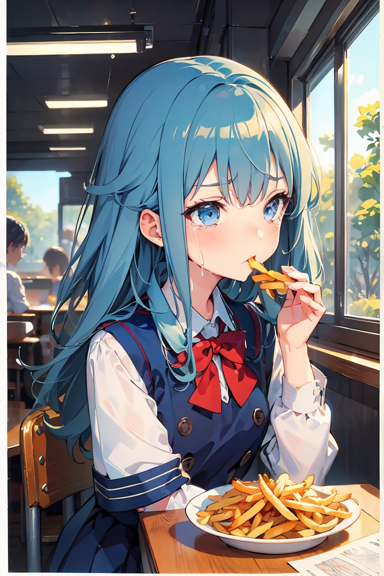 (((beautiful detailed)))(cute face:1.2)1girl, A girl stuffing her face with french fries, Girl crying while eating a pile of french fries, Inside a 2000s-style diner, 1950s-style interior, light Navy blue hair, blue eyes, A short-sleeved white shirt with four vertical bow ties, Ahoge, long bob cut with fluffy hair(sharp lines:1.2)(clear line:1.2)(eye details:1.3)(thick border:1.4) animation cel style,ligne claire, limited palette((masterpiece, high quality, best quality))(low contrast: 0.5),Anna yanami, blue hair, blue eyes, school uniform, makeine, too many losing heroines,Watercolor style, watercolor pencil, paper texture,90s style,Anna yanami, blue hair, blue eyes, school uniform, makeine, too many losing heroines, 