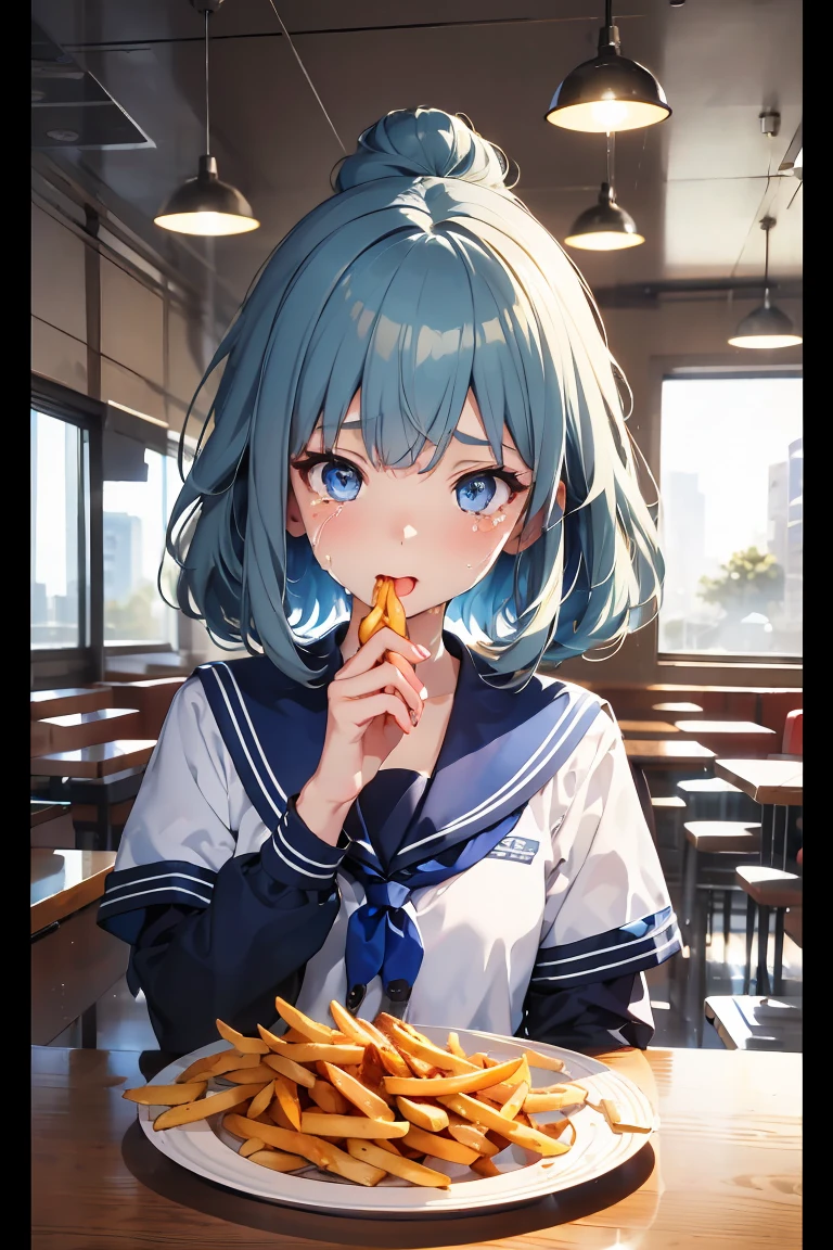 (((beautiful detailed)))(cute face:1.2)1girl, A girl stuffing her face with french fries, Girl crying while eating a pile of french fries, Inside a 2000s-style diner, 1950s-style interior, light Navy blue hair, blue eyes, A short-sleeved white shirt with four vertical bow ties, Ahoge, long bob cut with fluffy hair(sharp lines:1.2)(clear line:1.2)(eye details:1.3)(thick border:1.4) animation cel style,ligne claire, limited palette((masterpiece, high quality, best quality))(low contrast: 0.5),Anna yanami, blue hair, blue eyes, school uniform, makeine, too many losing heroines,Watercolor style, watercolor pencil, paper texture,90s style,Anna yanami, blue hair, blue eyes, school uniform, makeine, too many losing heroines, 