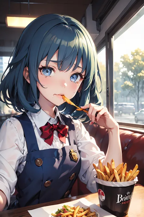 (((beautiful detailed)))(cute face:1.2)1girl, a girl stuffing her face with french fries, girl crying while eating a pile of fre...