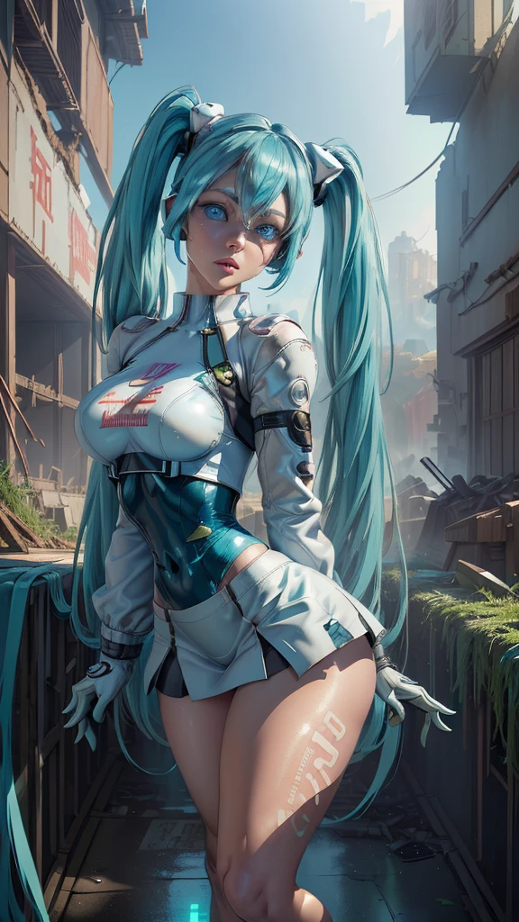 (The best quality,a high resolution,Ultra - detailed,actual), Miku Hatsune, ,(Ruined alley Tokyo cyberpunk dungeon ruins background :1.4 ), big breasts, dynamic pose , (green hair twin tails) ,(white short miniskirt:1.4), very long hair) , Put your arms behind your back, (Beautiful blue eyes:1.4) , relaxed face, eyebrow hair, shiny hair,,(Ruins dungeon background:1.4 ), Glowing skin, a slight smile, racing miku, black body, short jacket, white jacket, long sleeve, two tone gloves, thigh high boots,,(Ruins dungeon background nublado lluvia :1.4 ),(masterpiece: 1.4), (8K, realistic, raw photo, The best quality: 1.4),(Miku Hatsune:1.4), (Miku-hatsune V2.1), (Details of the face: 1.5, (beautiful blue eyes :1.4) , (beautiful face, thin lips: 1.5) , delgado, pale and sharp eyebrows, long, dark eyelashes, Double eyelashes),perfect hands: 1.5, (Kinematics V2.1),( dynamic pose), (Perfect anatomy), (detailed face :1.4), (no mutations) 