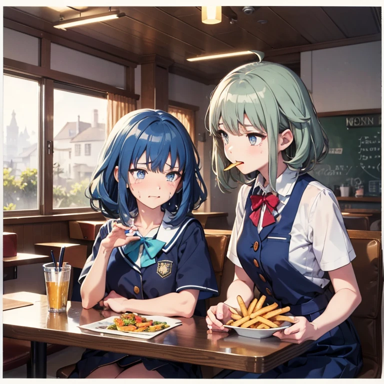 (((beautiful detailed)))(cute face:1.2)1girl, A girl stuffing her mouse with french fries, Girl crying while eating a french fries, Inside a 2000s-style diner, 2024s-style interior, light Navy blue hair, blue eyes, A short-sleeved white shirt with four vertical bow ties, Ahoge, long bob cut with fluffy hair(sharp lines:1.2)(clear line:1.2)(eye details:1.3)(thick border:1.4) animation cel style,ligne claire, limited palette((masterpiece, high quality, best quality))(high contrast: 0.5),Anna yanami, blue hair, blue eyes, school uniform, makeine, too many losing heroines, watercolor pencil, paper texture,Anna yanami, blue hair, blue eyes, school uniform, makeine, too many losing heroines, 